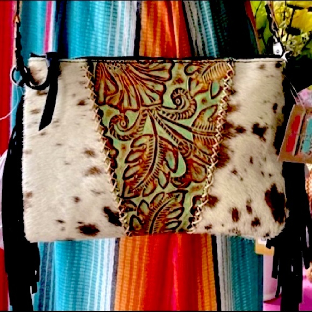 Tooled Genuine Leather and Cowhide Crossbody Bag